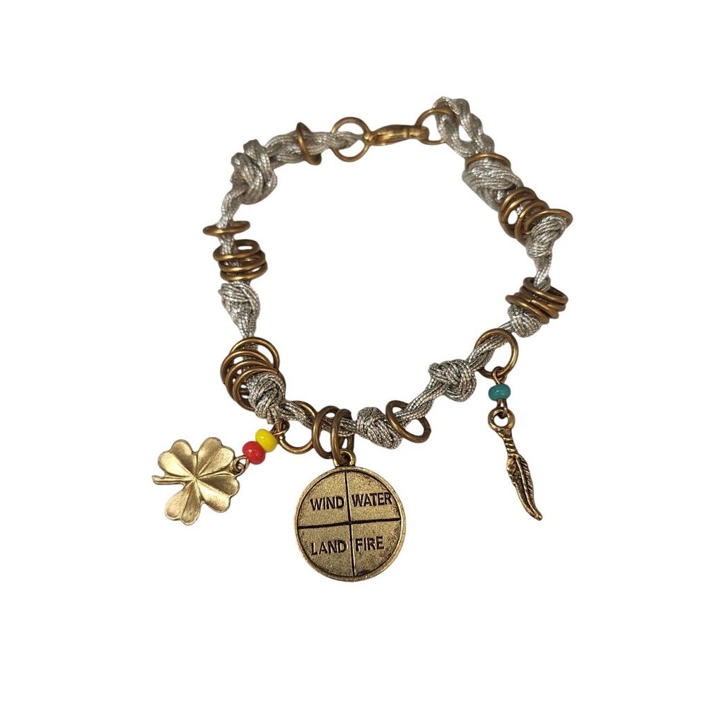 Vintage NOS Unsigned Bee Charming Silk Cord 4 Elements Charm Friendship Bracelet